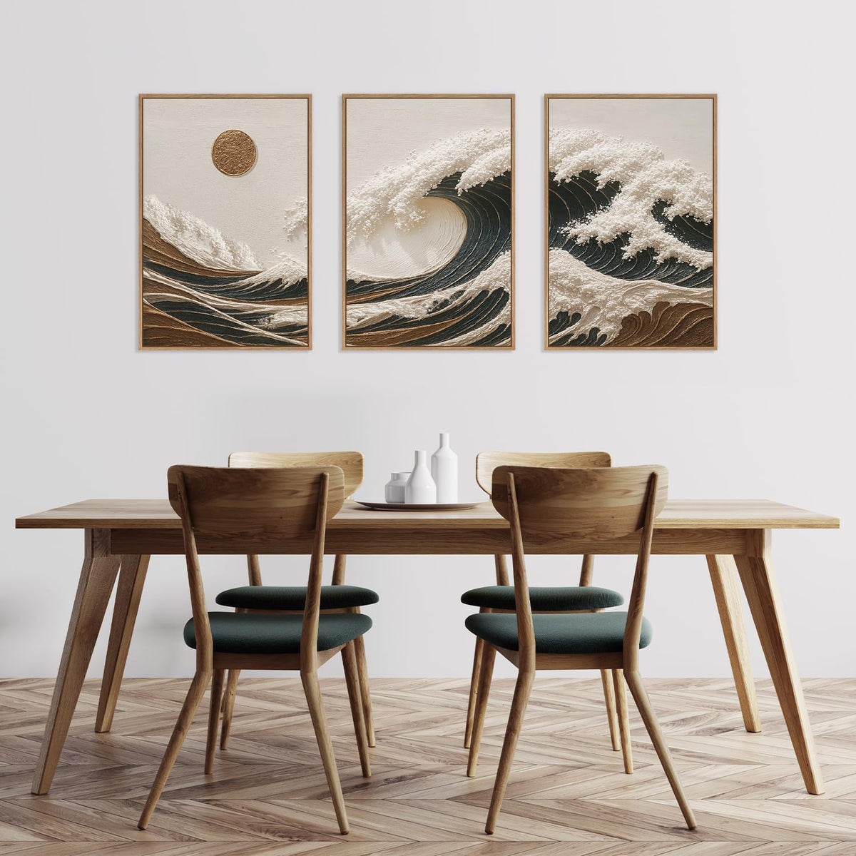 HLNIUC Sea Wave Framed Canvas Wall Art,Abstract Sun Seascape Wall Decor Set of 3(16”x24”) Large