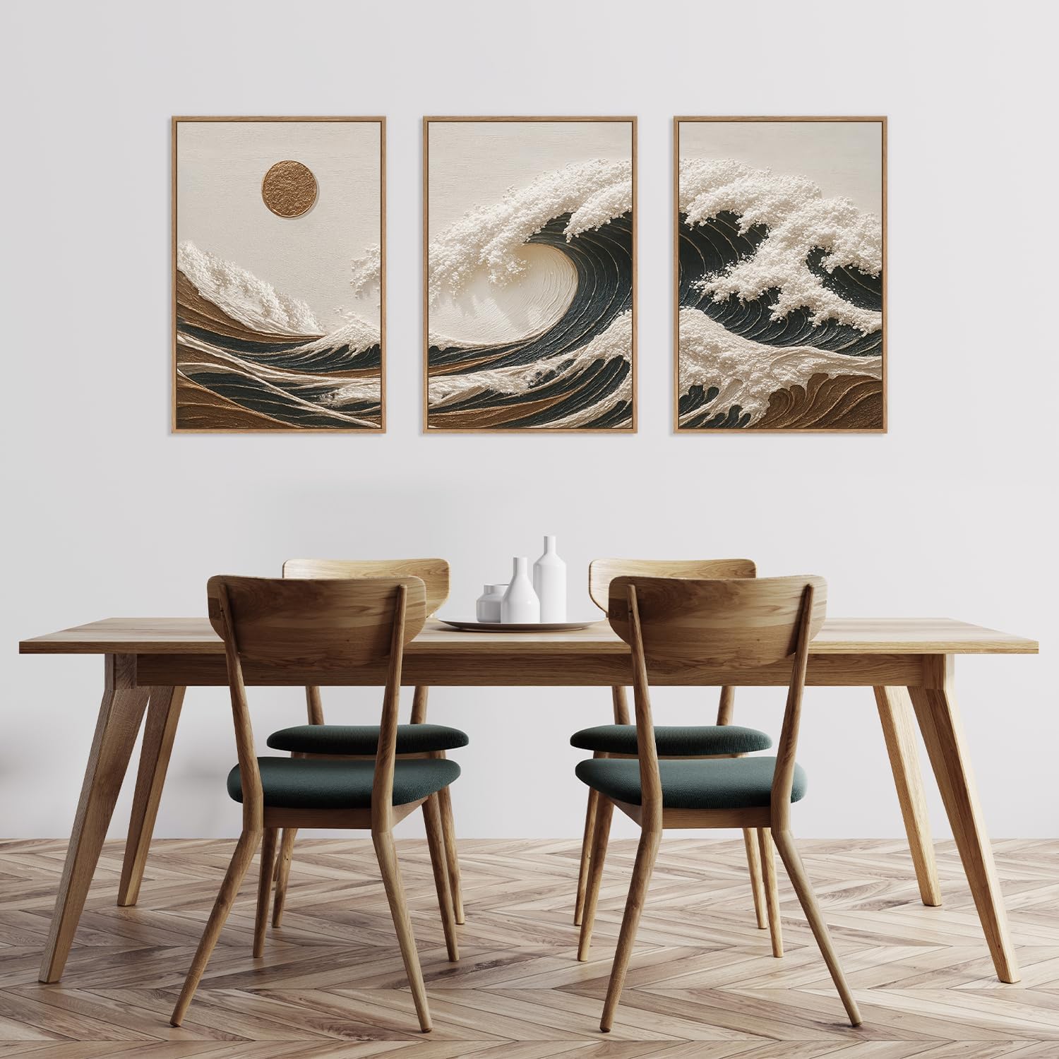 HLNIUC Sea Wave Framed Canvas Wall Art,Abstract Sun Seascape Wall Decor Set of 3(16”x24”) Large