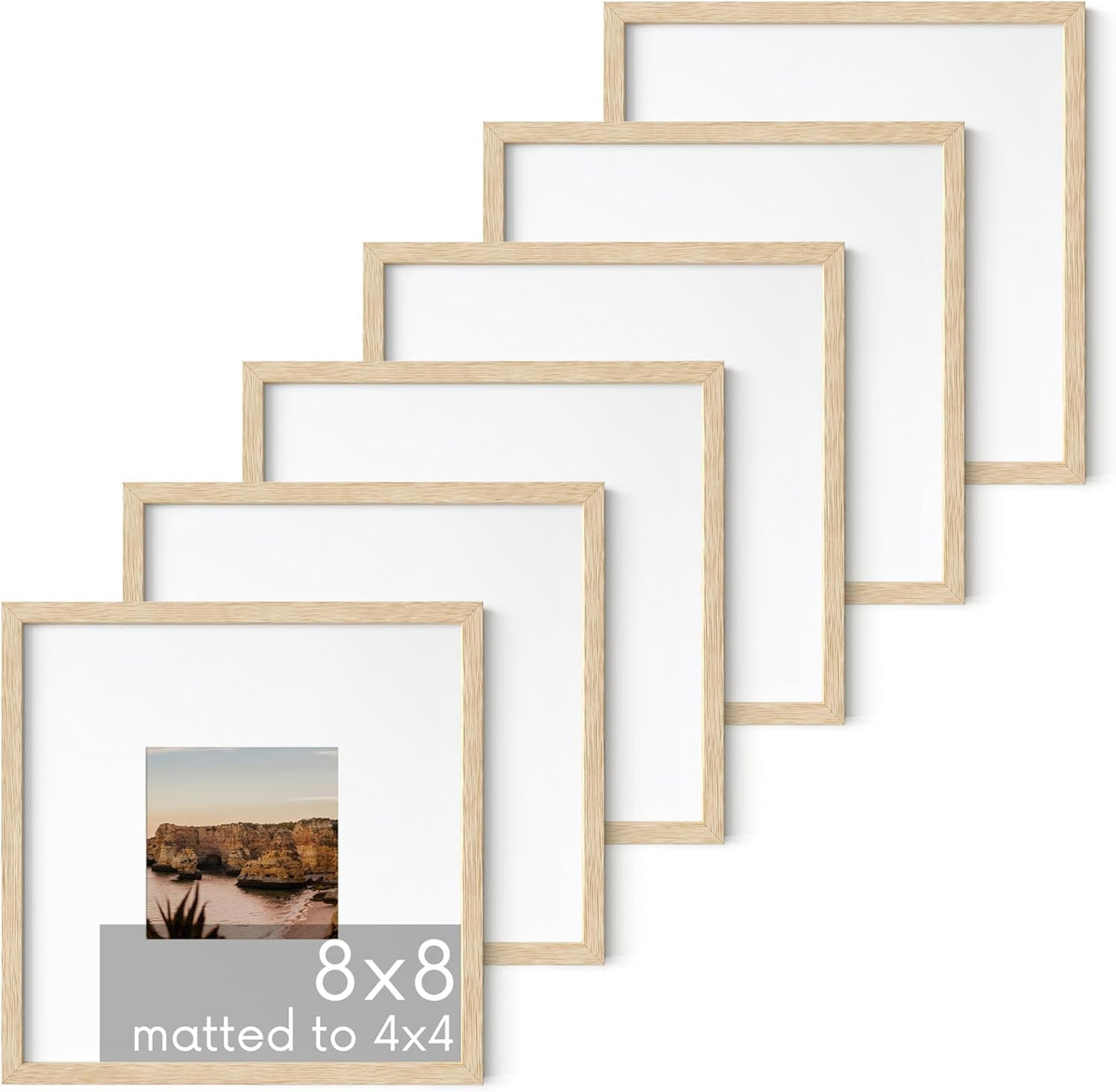 HAUS AND HUES Solid Oak Wood 8”x8” Picture Frames Matted to 4”x4” Set of 6-8x8 Standard Square