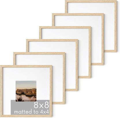 HAUS AND HUES Solid Oak Wood 8”x8” Picture Frames Matted to 4”x4” Set of 6-8x8 Standard Square