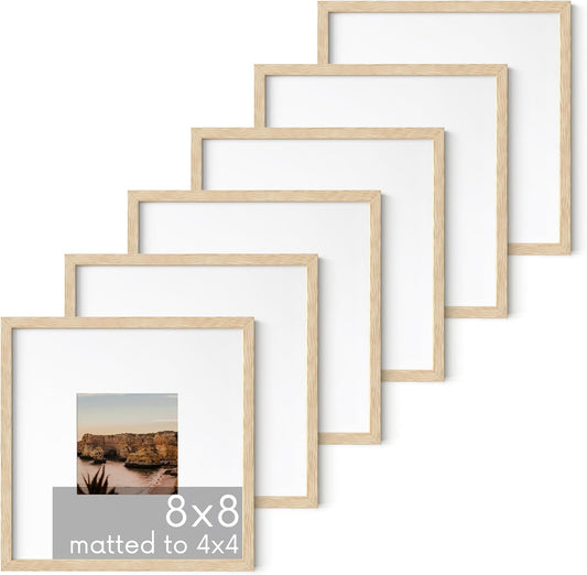 HAUS AND HUES Solid Oak Wood 8”x8” Picture Frames Matted to 4”x4” Set of 6-8x8 Standard Square
