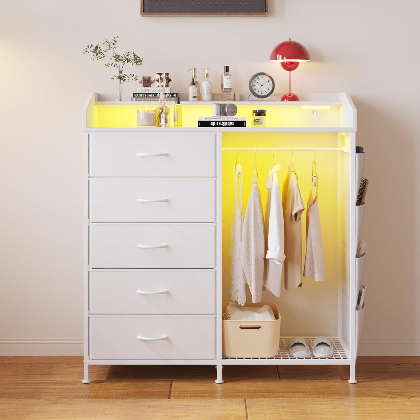 LUMTOK Modern 5 Dresser with LED Hanging Rack, Dresser with Clothes Rack, Hanger Rack, and Storage
