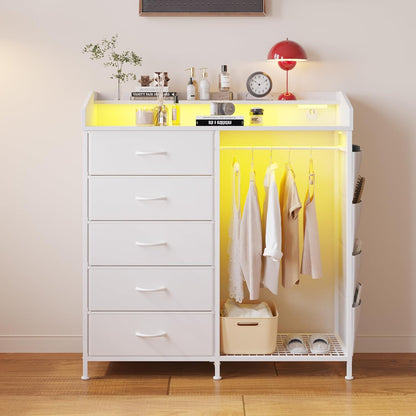 LUMTOK Modern 5 Dresser with LED Hanging Rack, Dresser with Clothes Rack, Hanger Rack, and Storage