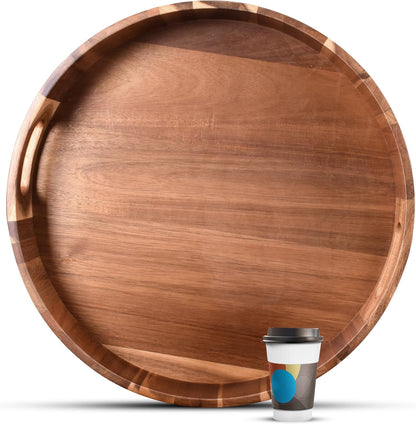 Extra Large Round Serving Tray, 20INCH, Heavy Duty Acacia Wood Trays for Big Ottoman Coffee Table