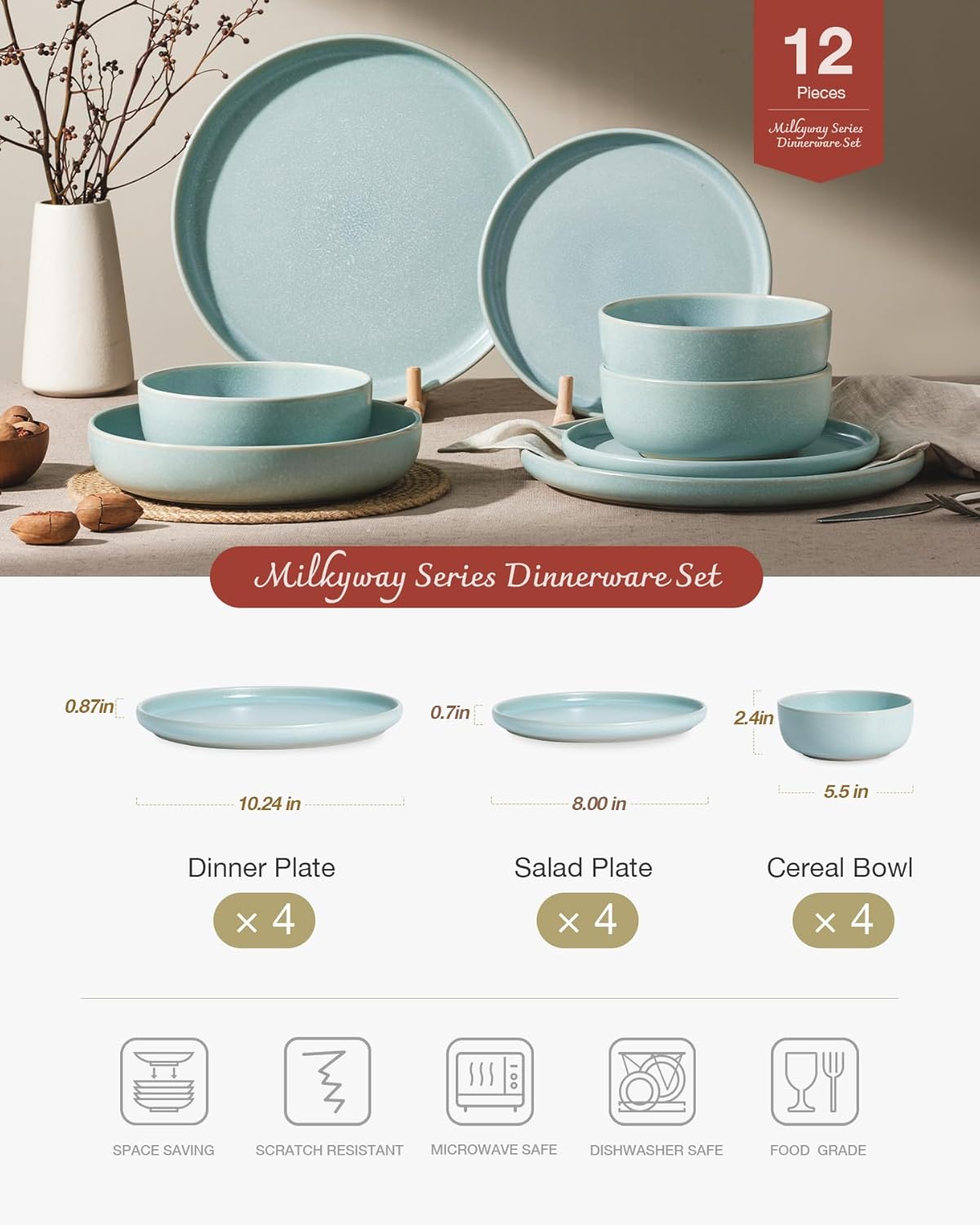 Famiware Milkyway Plates and Bowls Sets, 12 Pieces Dinnerware Sets, Reactive Glaze Dish Set