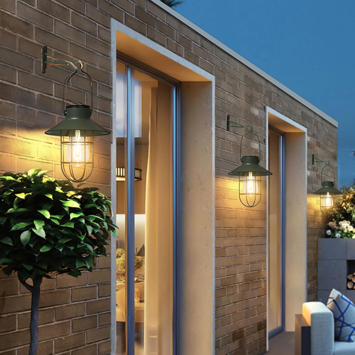 pearlstar Solar Lanterns Outdoor Metal Solar Powered Hanging Lights Waterproof for Wall Barn Yard