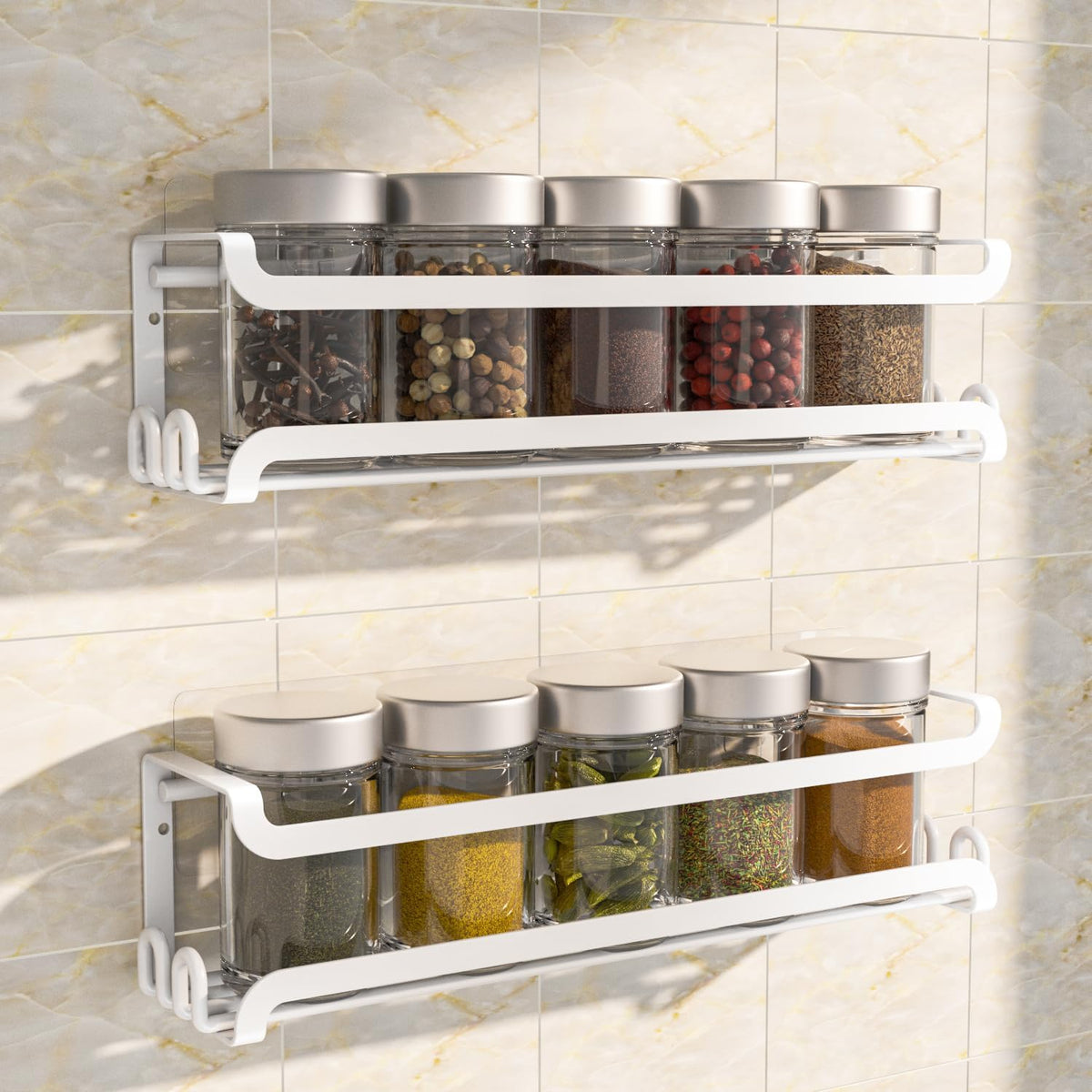 LUCYCAZ 2 Pack Wall Mounted Spice Rack with 16 Hooks, Spice Organizer Shelf for Stove Cabinet