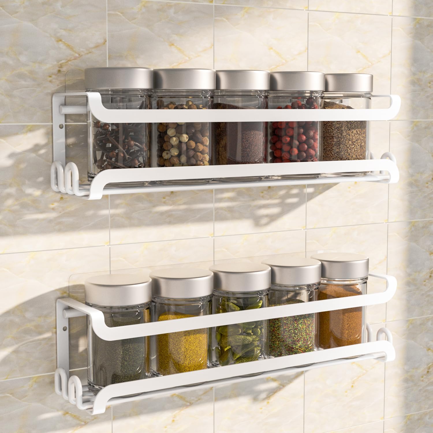 LUCYCAZ 2 Pack Wall Mounted Spice Rack with 16 Hooks, Spice Organizer Shelf for Stove Cabinet