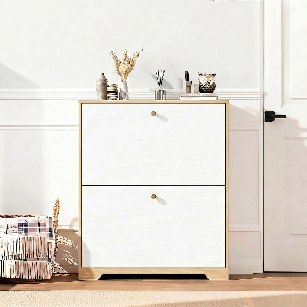 Nicetree Shoe Storage Cabinet with 2 Flip Drawers, Natural Oak and White