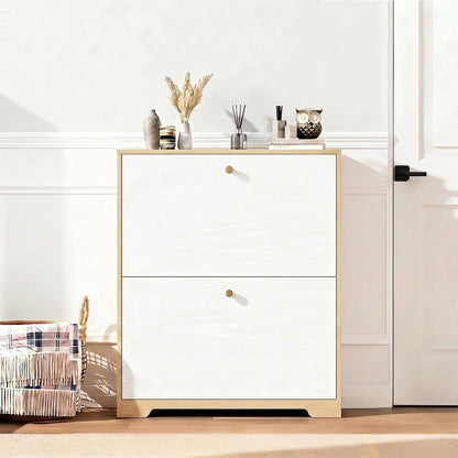 Nicetree Shoe Storage Cabinet with 2 Flip Drawers, Natural Oak and White