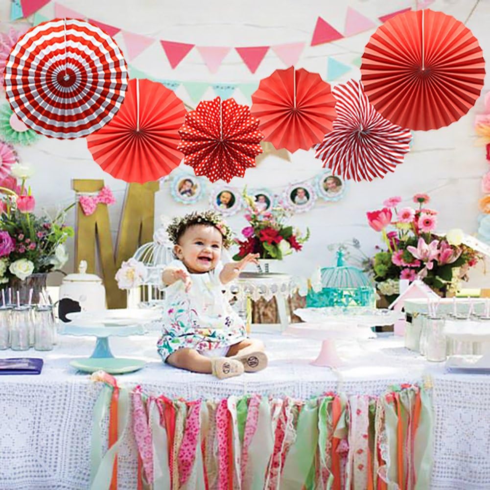 Party Hanging Paper Fans Set, Red Round Pattern Paper Garlands Decoration for Birthday Wedding