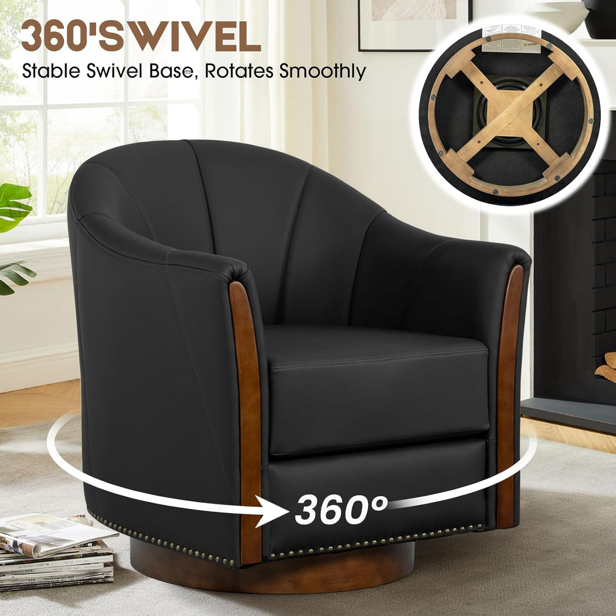 360° Swivel Accent Chair, Modern Leather Barrel Club Chair with PU Leather Upholstery and Sturdy