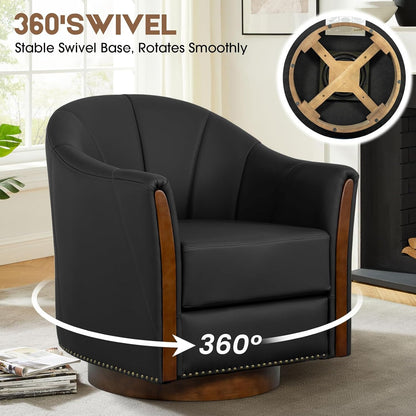 360° Swivel Accent Chair, Modern Leather Barrel Club Chair with PU Leather Upholstery and Sturdy