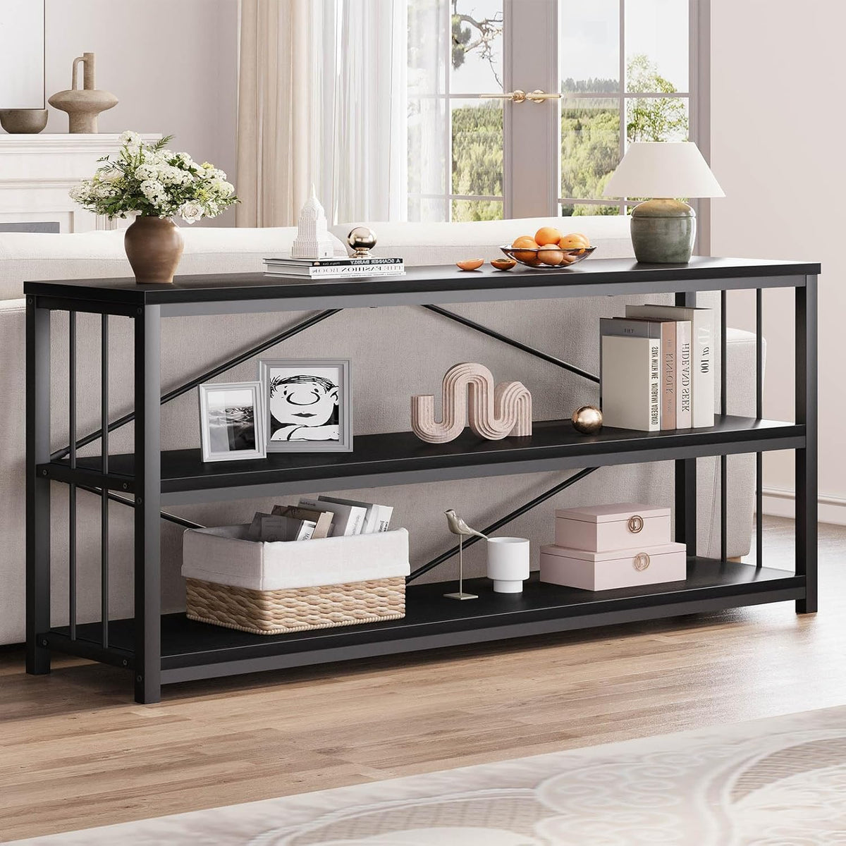 LVB Black Entryway Table, Modern Extra Long Sofa Console Table, Metal Wood Narrow Hallway Table
