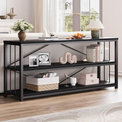 LVB Black Entryway Table, Modern Extra Long Sofa Console Table, Metal Wood Narrow Hallway Table