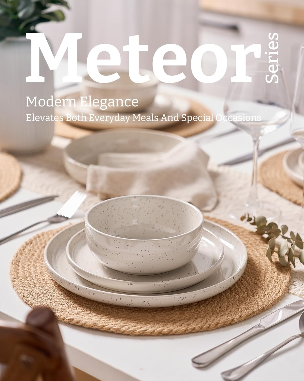 Famiware Meteor Plates and Bowls Sets for 4, 12 Pieces Dinnerware Sets, Microwave and Dishwasher