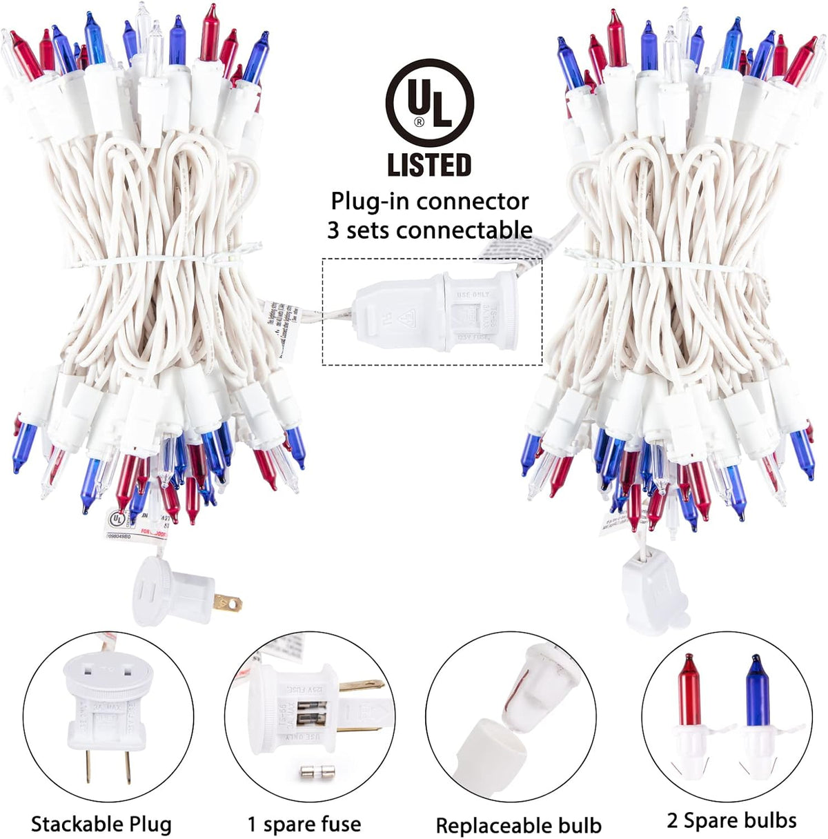 4th of July Decoration Patriotic Mini Lights - 200 Count 50 Feet Red White Blue Incandescent Bulb