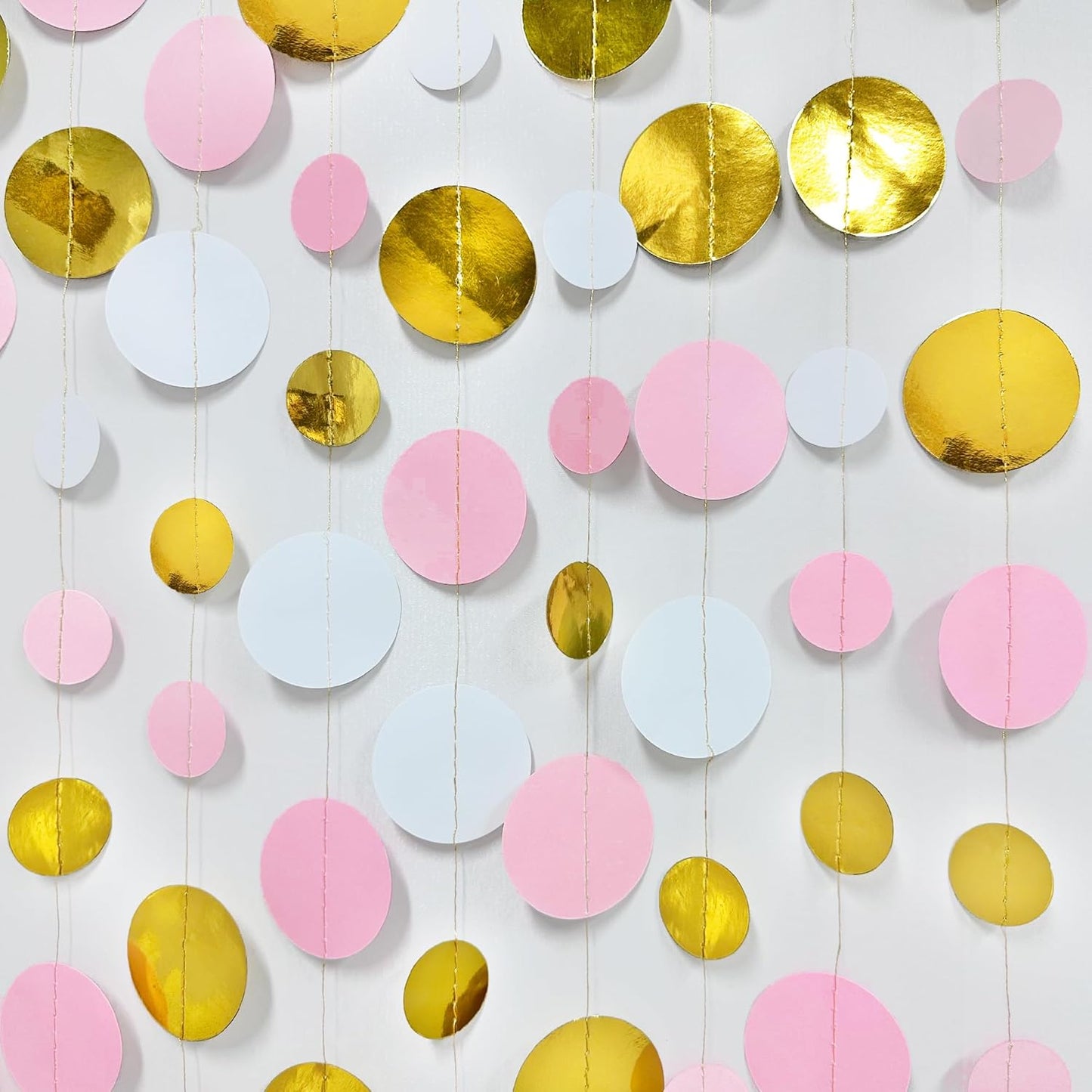 Gold and Pink Party Decorations Circle Dots Garland Metallic Gold Light Pink and White Hanging