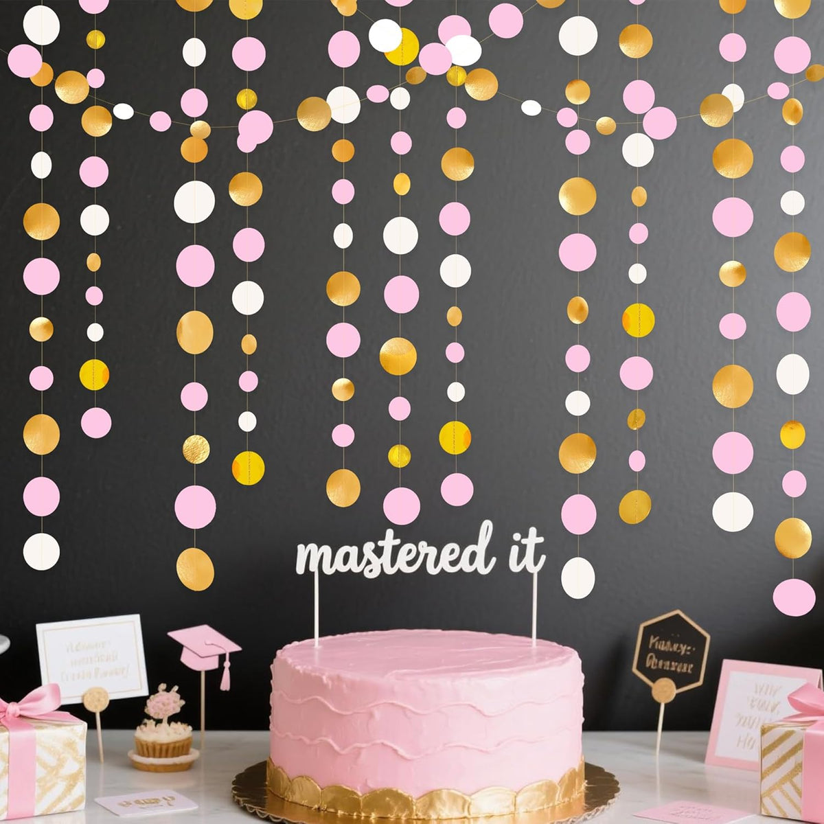 Gold and Pink Party Decorations Circle Dots Garland Metallic Gold Light Pink and White Hanging