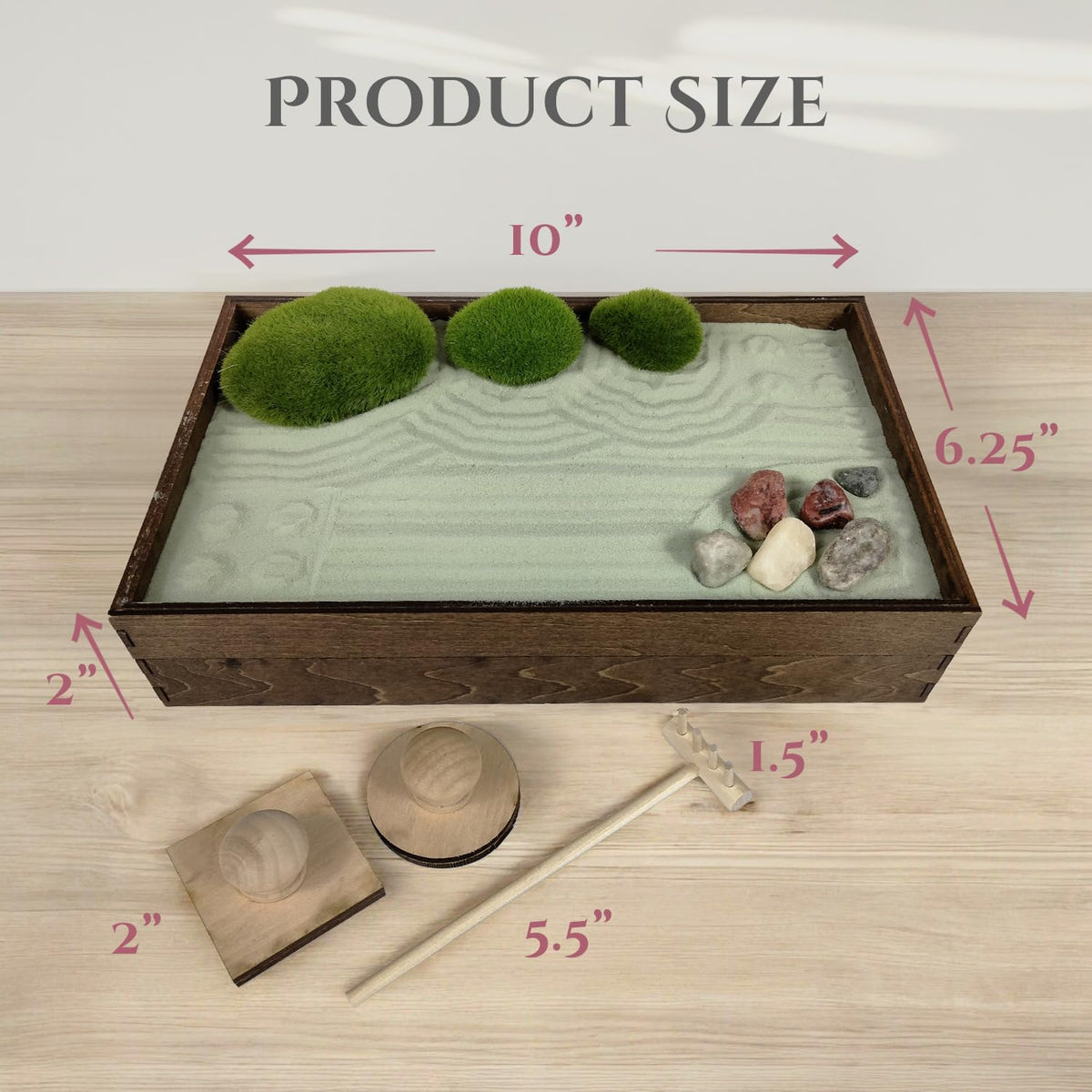 Wooden Stackable Zen Garden | Palo Verde Sand with Rake & Accessories | Minimalist Decor for