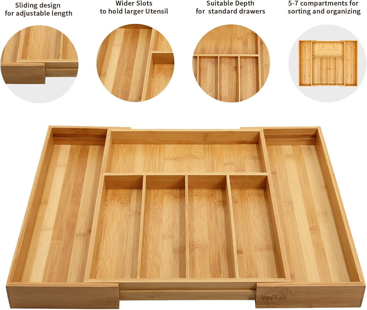 VaeFae Premium Bamboo Drawer Organizer, Expandable Silverware Drawer Organizer, Cutlery Tray with