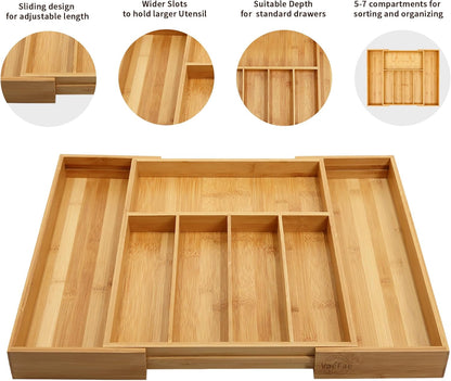 VaeFae Premium Bamboo Drawer Organizer, Expandable Silverware Drawer Organizer, Cutlery Tray with
