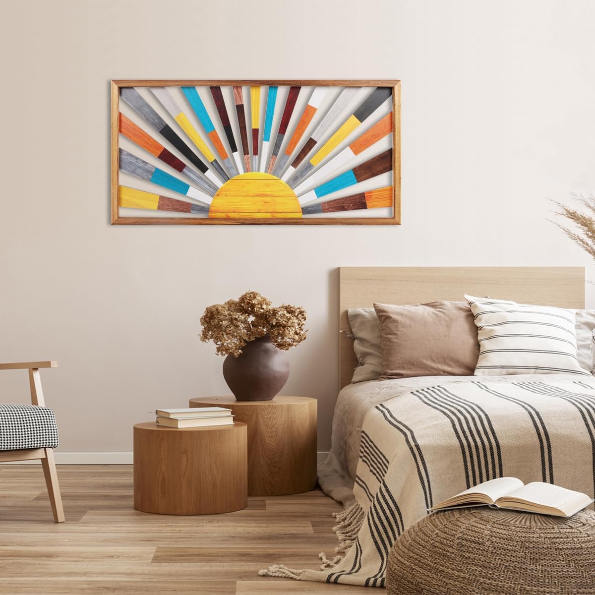 IARTTOP Large Boho Sun Wall Art Framed Wooden Art Wall Decor Rainbow Sun Rising On The Horizon