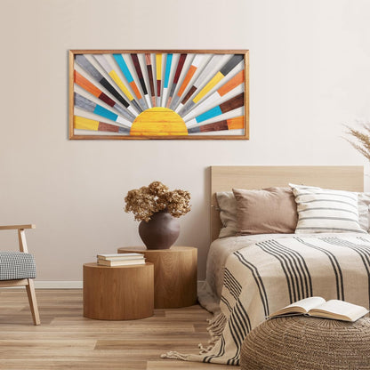 IARTTOP Large Boho Sun Wall Art Framed Wooden Art Wall Decor Rainbow Sun Rising On The Horizon