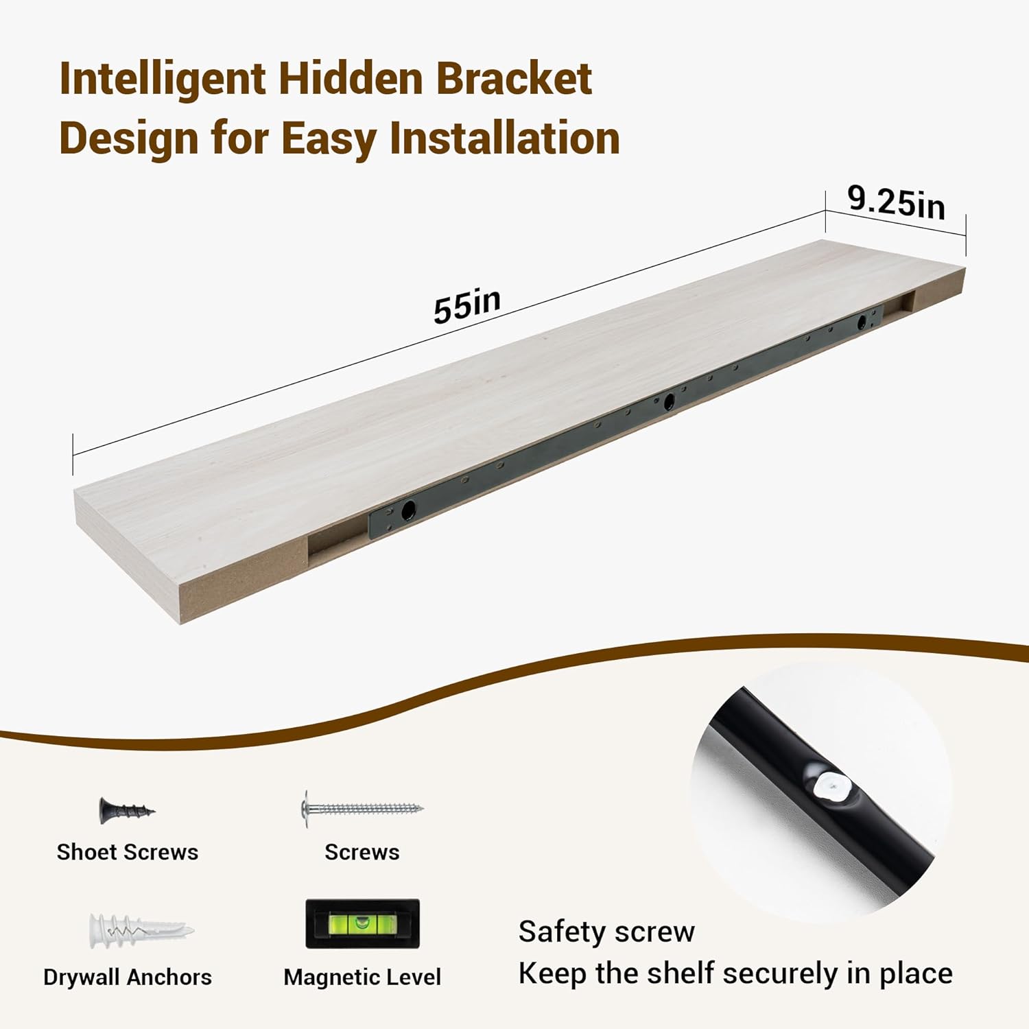 55 Inch Floating Shelves, 55"x9.25"x1.5" Inch Deep Floating Shelves for Wall, Wooden Shelves for