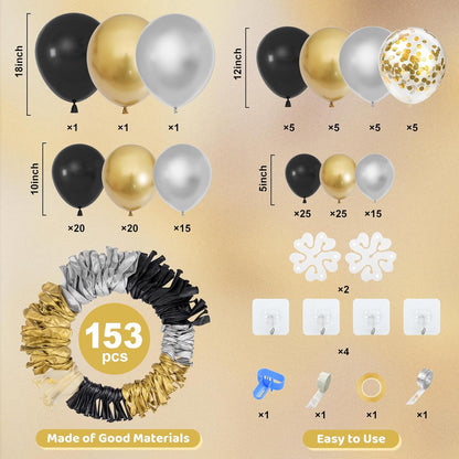 Amandir 153pcs Black and Gold Balloons Arch Garland Kit Different Sizes 18 12 10 5inch Latex