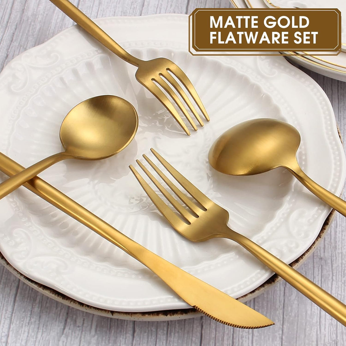 Matte Gold Silverware Set, 20-Piece Stainless Steel Flatware, Tableware Cutlery Service for 4