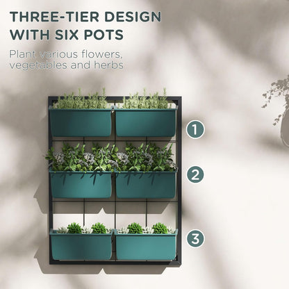 Outsunny 3-Tier Wall Planter with 6 Pots for Indoor and Outdoor Use, Hanging Plant Holder, Self