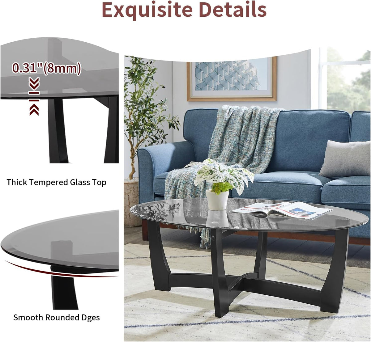 48" Oval Glass Coffee Table with Black Tempered Glass Top Cross and Solid Wood Base Simple & Modern