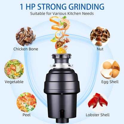 Powerful 1HP Stainless Steel Garbage Disposer, Dishwasher-Friendly and Continuous Feeding Waste