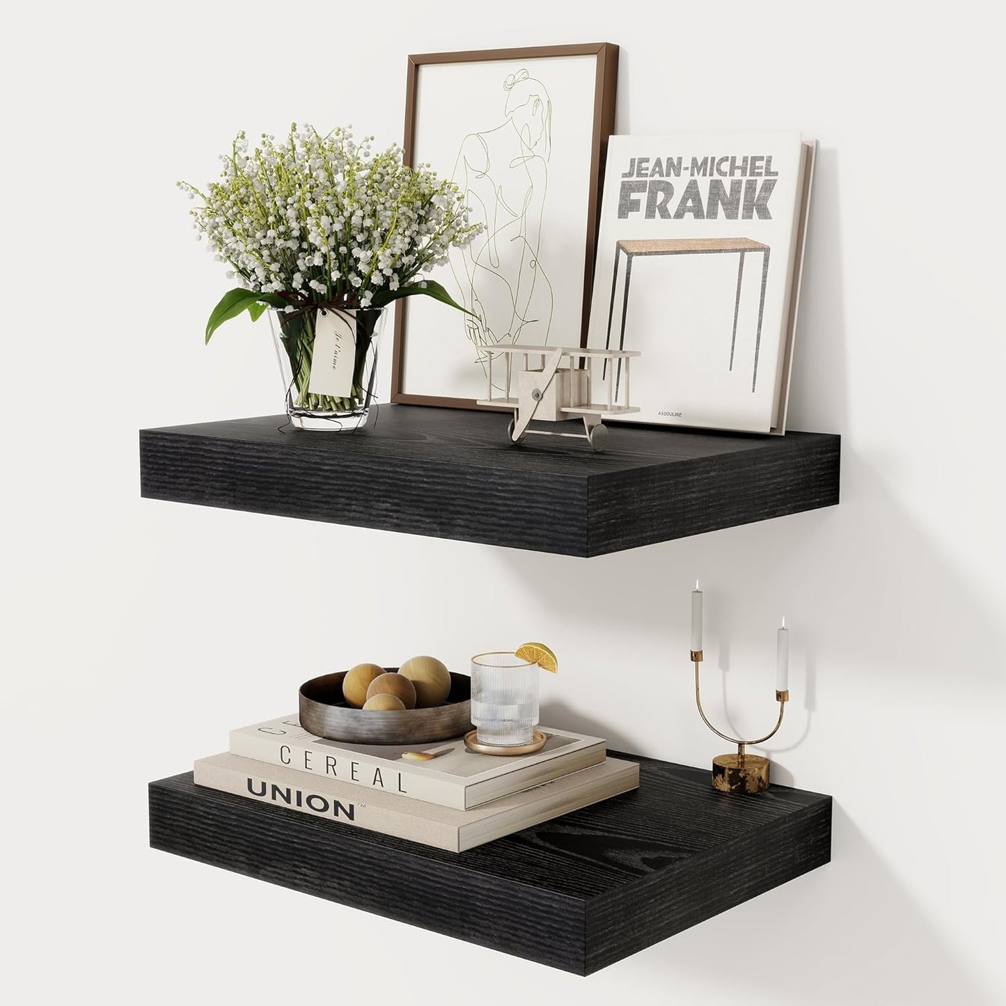 12 Inch Deep Black Floating Shelves, 16 x 12 Floating Shelf for Books, Rustic Wood Deep Wall