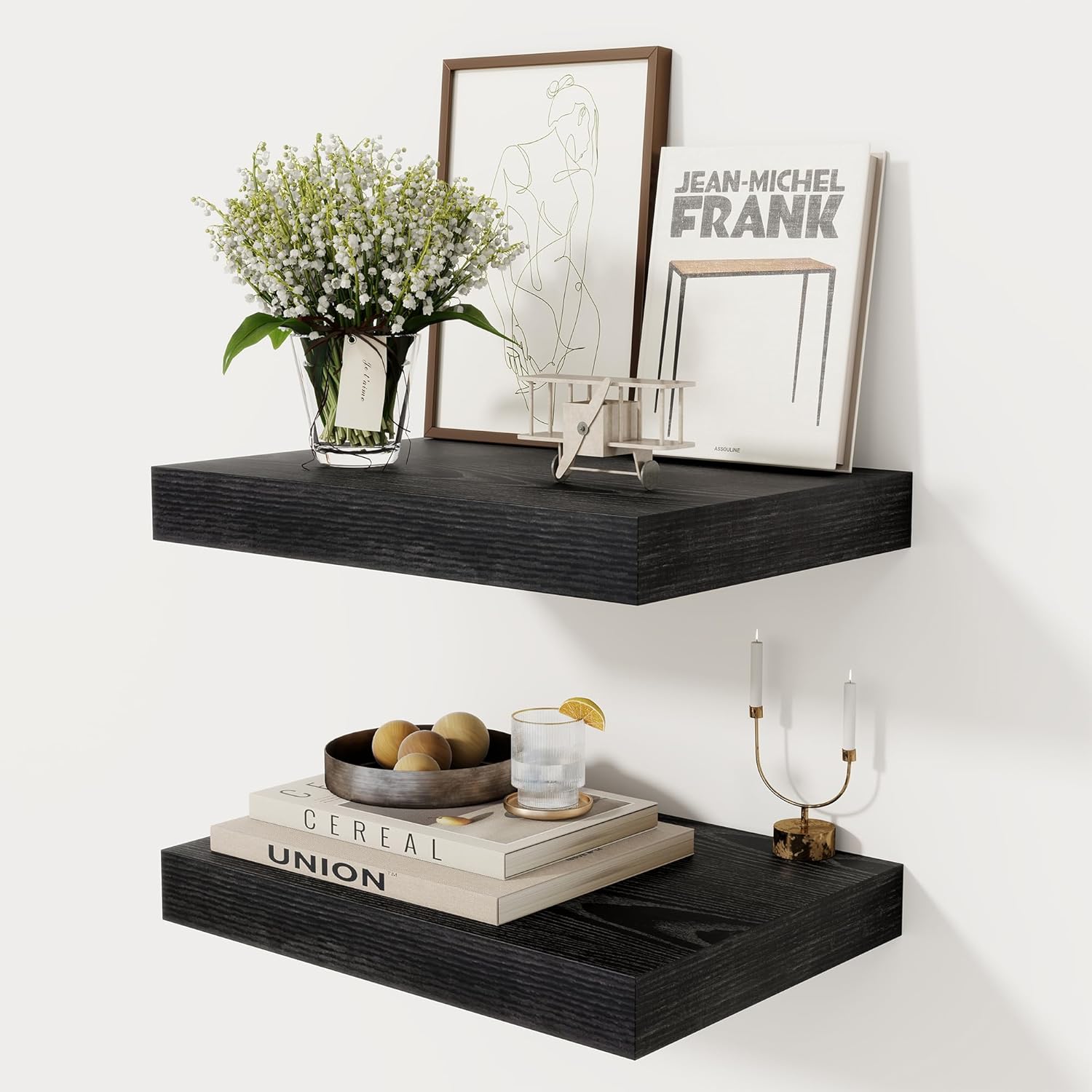 12 Inch Deep Black Floating Shelves, 16 x 12 Floating Shelf for Books, Rustic Wood Deep Wall