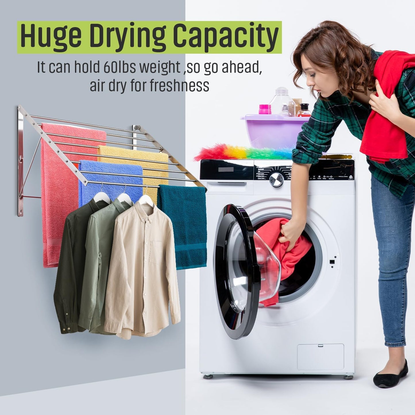 Smartsome | Wall Mounted | Clothes Drying Rack| 22" Wide |15 Linear Feet Capacity | 8 Smooth Round