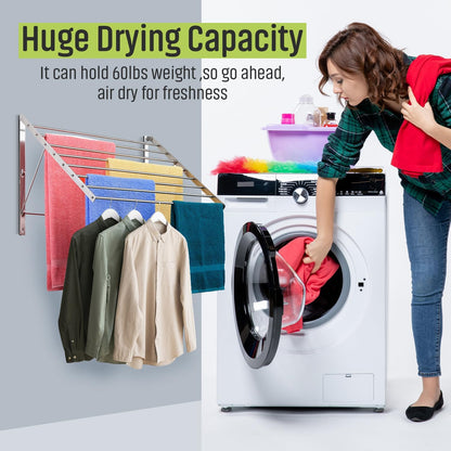 Smartsome | Wall Mounted | Clothes Drying Rack| 22" Wide |15 Linear Feet Capacity | 8 Smooth Round