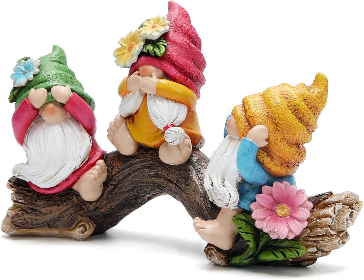 Hodao Spring Hear-No, See-No, Speak-No Gnomes Figurines Decorations Outdoor Flower Gnome Ornaments