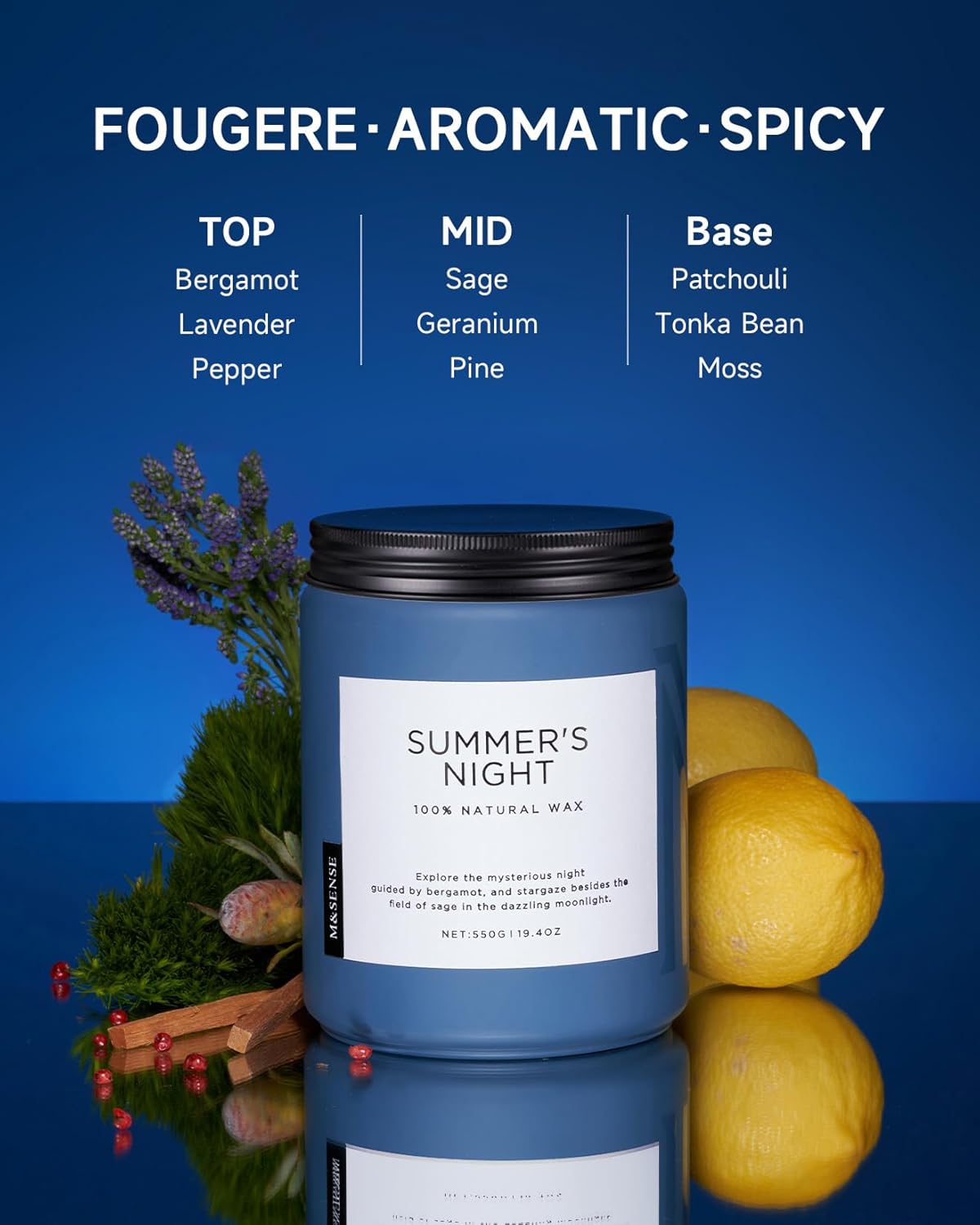 M&SENSE Summer's Night Soy Candle, Large 2 Wick, 19.4oz Up to 110 Hours Burn Time, Natural Scented