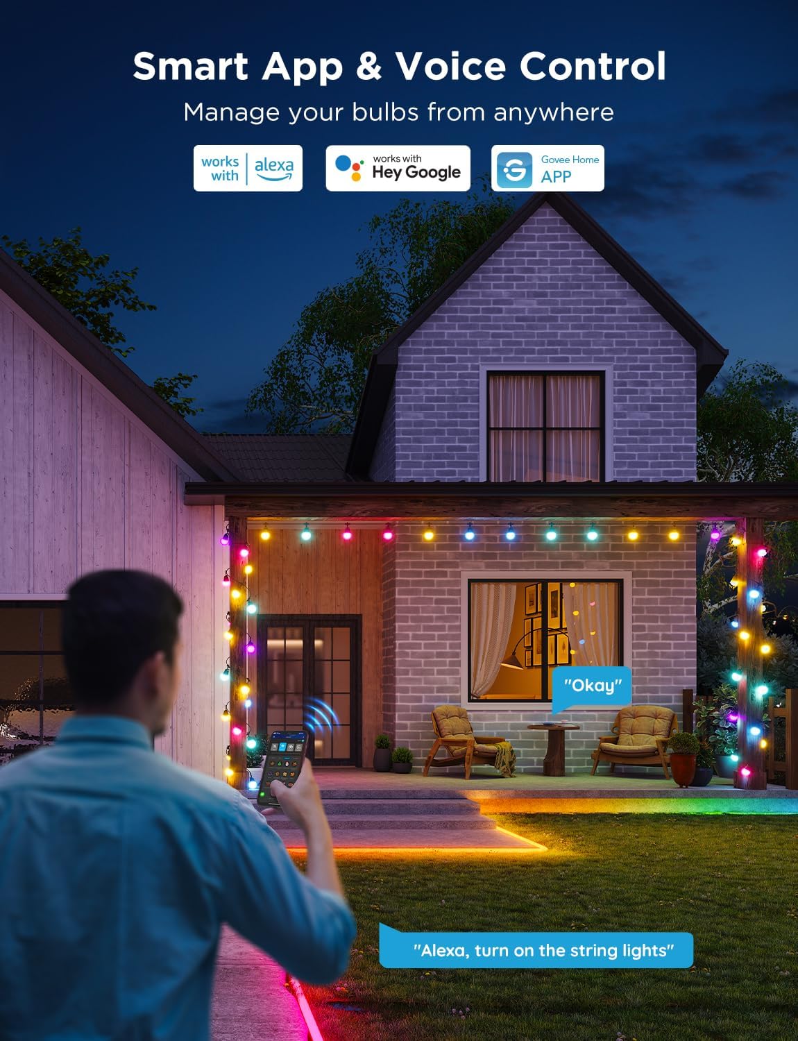 Govee Smart Outdoor String Lights 2, 48ft Outdoor Lights with Dimmable Warm White LED Bulbs, 47