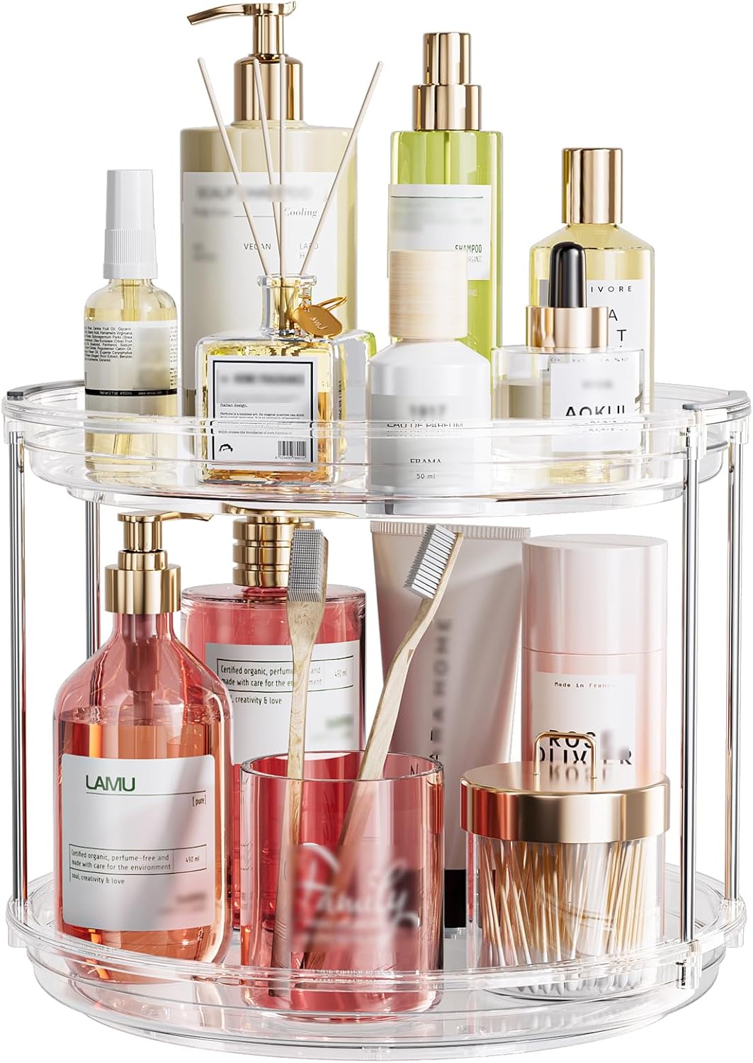 LAMU 10.6in Rotating Makeup Organizer for Vanity, 2 Tier Lazy Susan Turntable Stackable Spinning