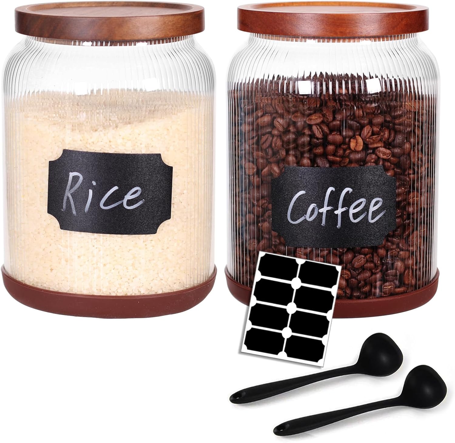 SAIOOL 2-Pack Striped Borosilicate Glass Airtight Canisters - Big mouth Large Capacity, Acacia Wood