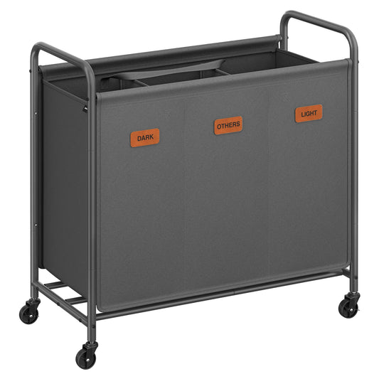 SONGMICS 3-Section Laundry Sorter, Laundry Hamper with Wheels, Rolling Clothes Hamper Cart with