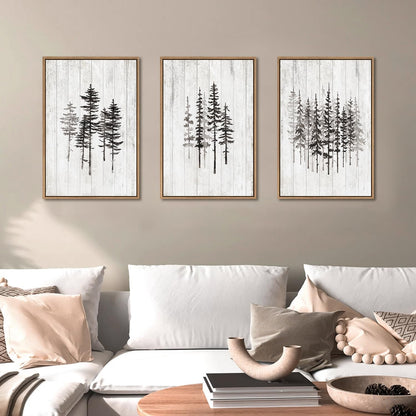 HPINUB Woodcut Style Pine Tree Framed Canvas Wall Art Set, Minimalist Modern Black and White Forest