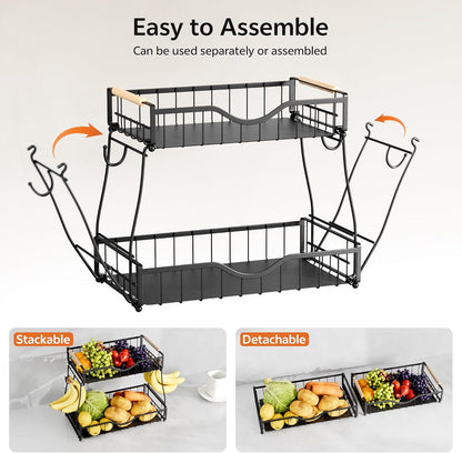 2 Tier Fruit Basket with 2 Banana Hangers, Fruit Bowl for Kitchen Countertop with 2 Wooden Handle