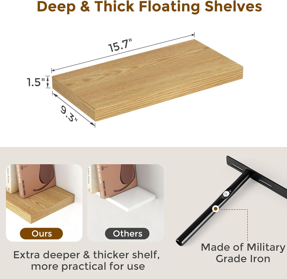 Fun Memories 16 Floating Shelves for Wall, 9 Inch Deep Floating Shelf for Bathroom, Rustic 16 x 9