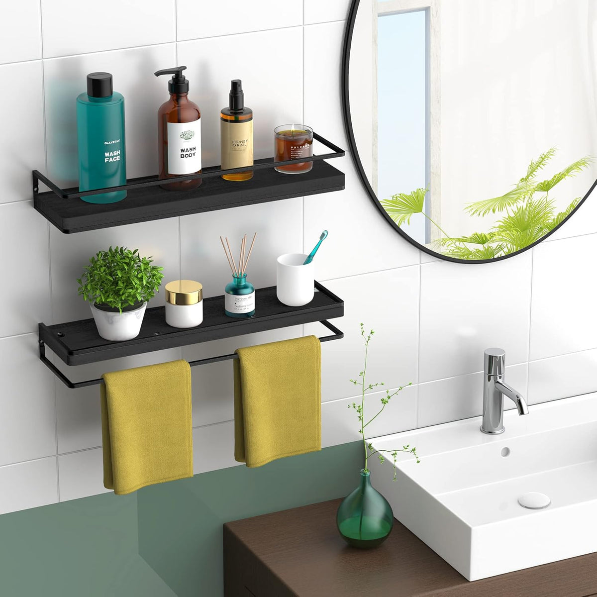Meangood Floating Shelves Wall Mounted Set of 2, Rustic Wood Wall Storage Shelves for