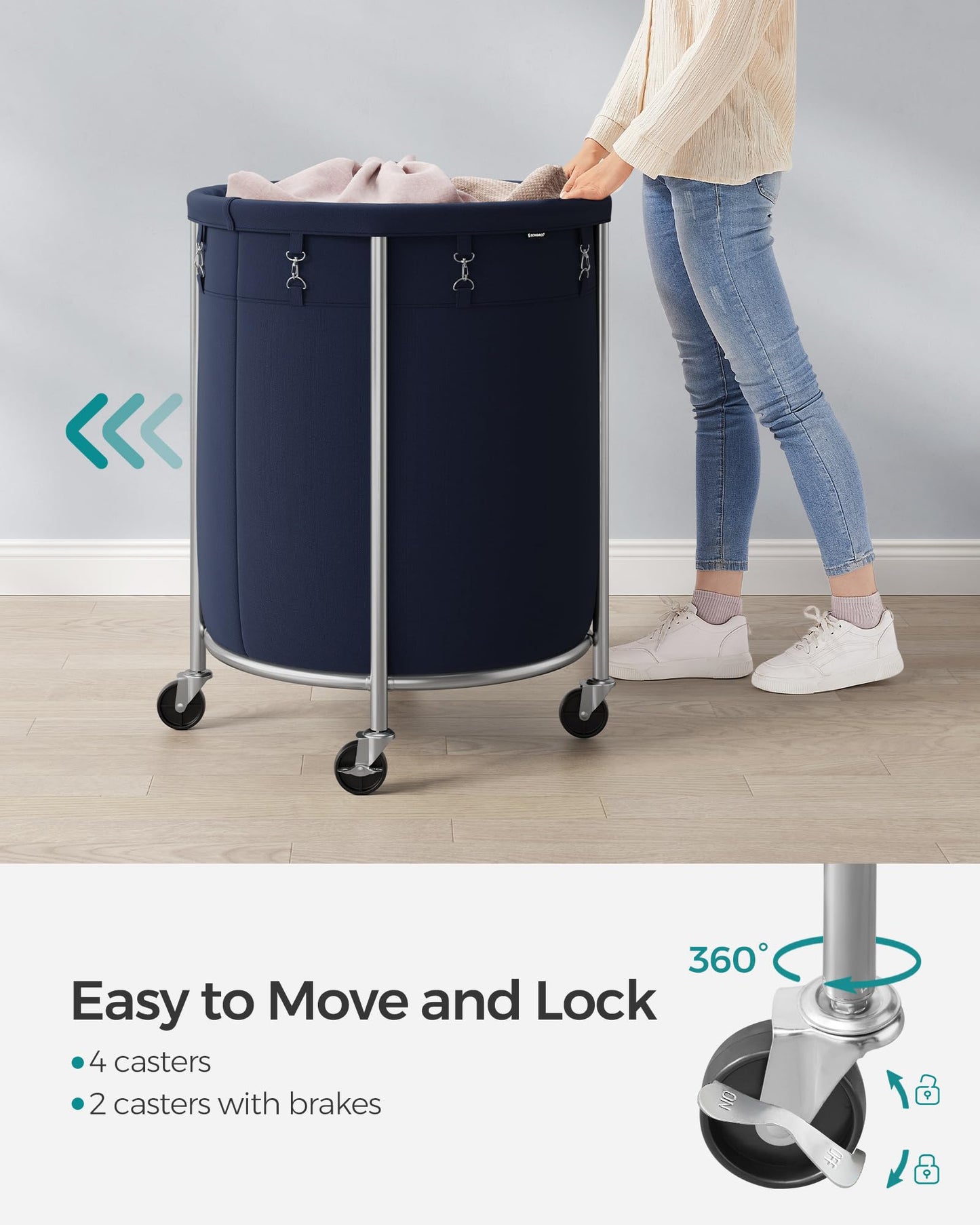 SONGMICS Laundry Basket, Rolling Steel Frame with 2 Locking Wheels, 190 L