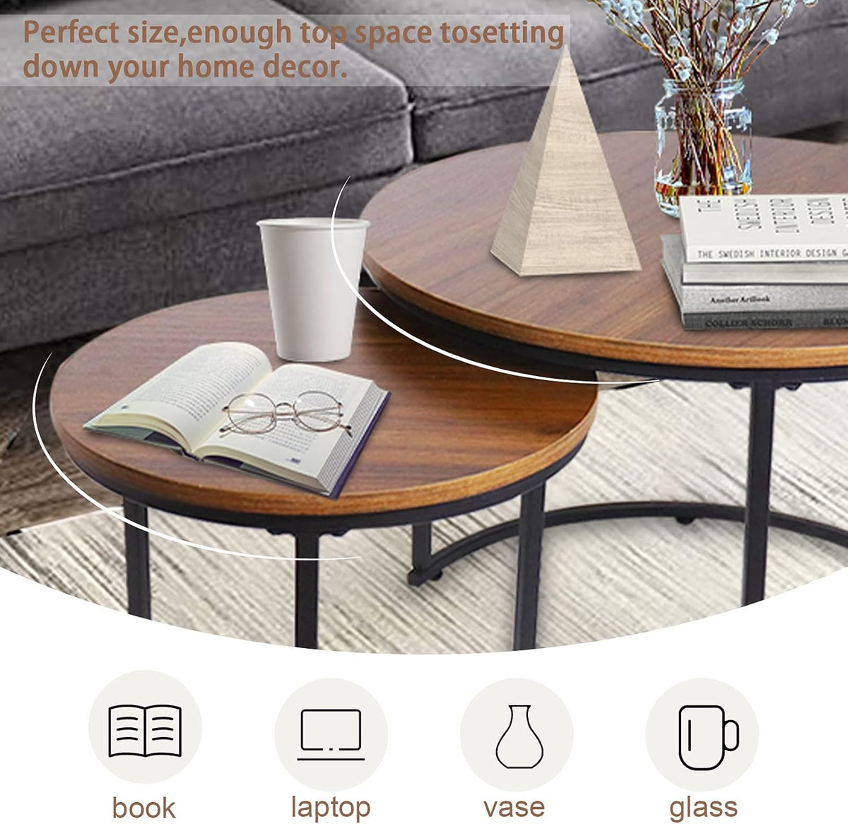 aboxoo Coffee Table Nesting Side Round Set of 2 End Table Top Sturdy Metal Frame Desk Centerpiece